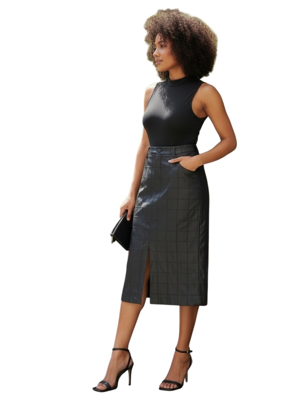NWT Halogen Faux Leather Windowpane Textured Midi Skirt Size 14 Black